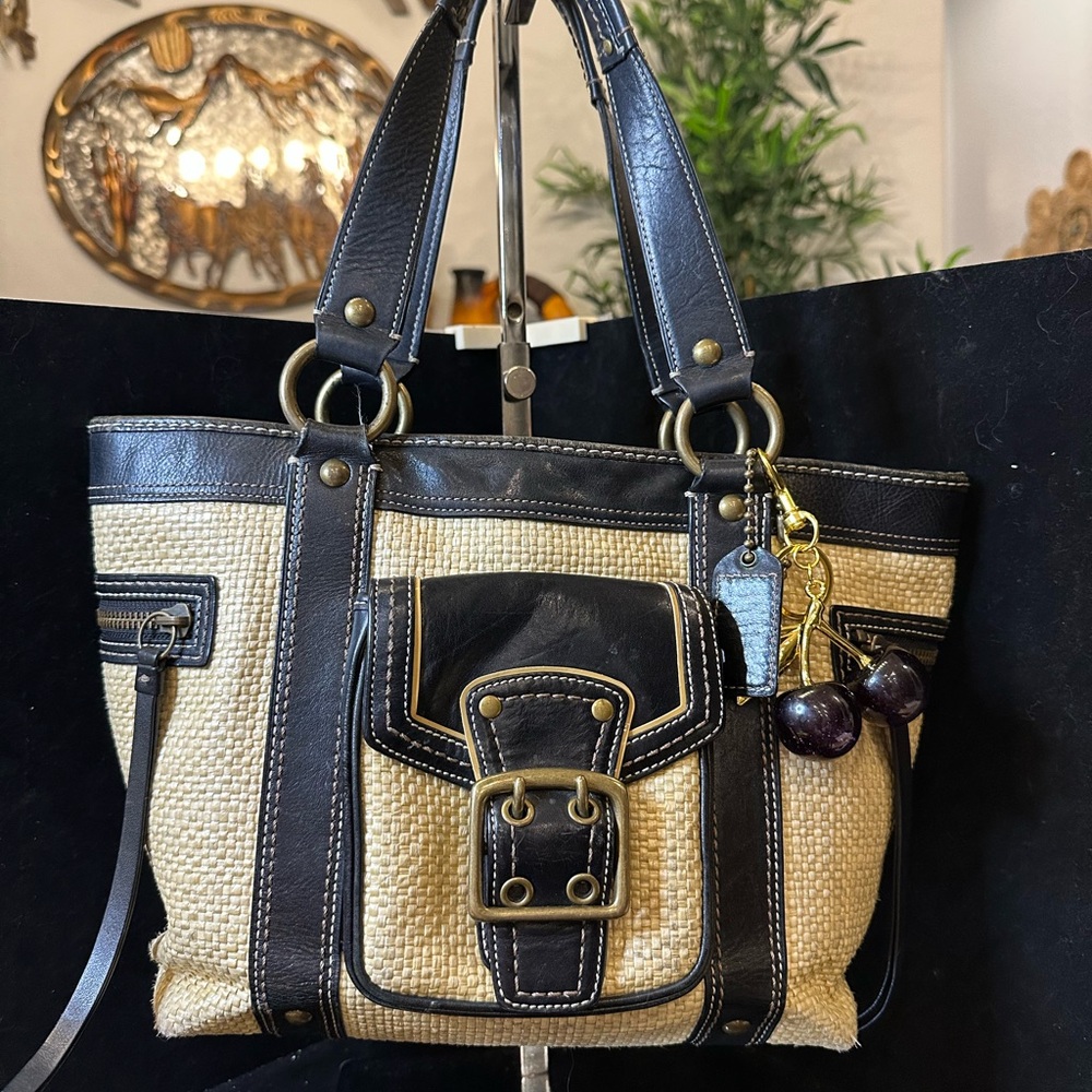 Coach Legacy 2005 Beige Woven Tote with Dark Brown Leather Trim